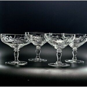 4 Jasmine by Kusak Cut Glass Low Champagne Coupes 3.5" glasses handblown handcut